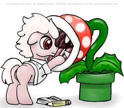 Size: 1500x1311 | Tagged: safe, artist:smudge proof, oc, oc only, butt, clothes, commission, crossover, doctor, floppy ears, frown, lab coat, nintendo, notepad, open mouth, pencil, piranha plant, playing doctor, plot, super mario bros., this will end in tears and/or death