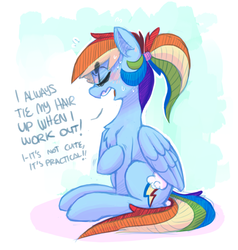 Size: 952x999 | Tagged: safe, artist:xieril, rainbow dash, pegasus, pony, abstract background, alternate hairstyle, beanbrows, blatant lies, blushing, chest fluff, cute, dashabetes, embarrassed, eyes closed, female, fluffy, i'm not cute, mare, nervous, open mouth, ponytail, raised hoof, shivering, sitting, solo, sweat, tsunderainbow, tsundere, wavy mouth