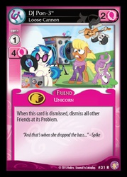 Size: 360x503 | Tagged: safe, artist:pixelkitties, enterplay, dj pon-3, ms. harshwhinny, octavia melody, spike, vinyl scratch, absolute discord, g4, my little pony collectible card game, bass cannon, card, ccg