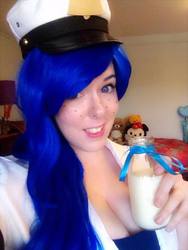 Size: 480x640 | Tagged: safe, artist:mintyblitzz, oc, oc:milky way, human, bottle, cleavage, clothes, cosplay, female, freckles, irl, irl human, milk, photo, solo