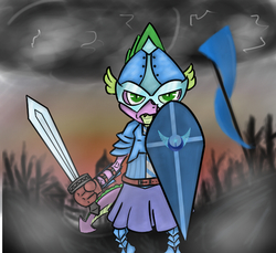 Size: 600x550 | Tagged: safe, artist:radecfrack, spike, anthro, g4, armor, banner, belt, black clouds, bracer, clothes, cloud, cloudy, fantasy class, frown, gloves, helmet, kite shield, knight, male, new lunar republic, shield, solo, sword, tunic, warrior