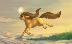 Size: 1280x784 | Tagged: safe, artist:darr, oc, oc only, oc:sandy vain, pony, unicorn, female, mare, red eyes, running