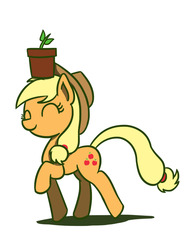 Size: 1280x1707 | Tagged: safe, artist:flutterluv, applejack, g4, eyes closed, female, flower pot, happy, raised hoof, smiling, solo