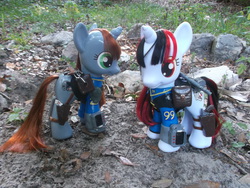 Size: 4288x3216 | Tagged: safe, artist:gryphyn-bloodheart, oc, oc only, oc:blackjack, oc:littlepip, pony, unicorn, fallout equestria, fallout equestria: project horizons, 3d print, brushable, clothes, colored sclera, customized toy, fanfic, female, gun, handgun, horn, irl, jumpsuit, little macintosh, mare, photo, pipbuck, pistol, revolver, rifle, saddle bag, shotgun, toy, vault suit, weapon, yellow sclera, zebra rifle