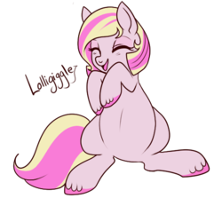 Size: 505x450 | Tagged: safe, artist:lulubell, lolligiggle, pony, g3, g4, belly, cute, eyes closed, female, g3 to g4, g3betes, generation leap, laughing, open mouth, simple background, sitting, smiling, solo, transparent background, unshorn fetlocks