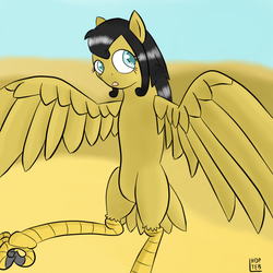 Size: 800x800 | Tagged: safe, artist:happydeadpony, artist:teb, oc, oc only, oc:cloepty, bird, harpy, monster pony, original species, belly, creature, egypt, harpony, sand, solo, wings