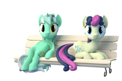 Size: 712x475 | Tagged: safe, artist:3d thread, bon bon, lyra heartstrings, sweetie drops, g4, 3d, 3d model, bench, blender, sitting, sitting lyra