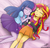Size: 976x944 | Tagged: safe, artist:the-butch-x, sunset shimmer, twilight sparkle, equestria girls, g4, bed, cleavage, clothes, cute, duo, eyes closed, female, lesbian, midriff, open mouth, ship:sunsetsparkle, shipping, skirt, sleeping, twilight sparkle (alicorn)