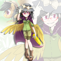 Size: 2000x2000 | Tagged: safe, artist:meotashie, a.k. yearling, daring do, human, g4, female, glasses, grin, high res, humanized, smiling, solo, winged humanization