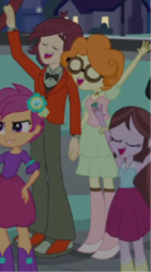 Size: 232x416 | Tagged: safe, screencap, normal norman, scootaloo, scribble dee, velvet sky, equestria girls, g4, my little pony equestria girls, background human, boots, clothes, fall formal outfits, high heel boots, holding hands, shoes, sneakers