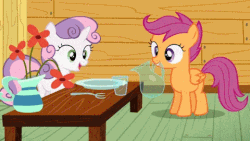 Size: 480x270 | Tagged: safe, screencap, scootaloo, sweetie belle, pegasus, pony, unicorn, g4, one bad apple, animated, blank flank, clubhouse, crusaders clubhouse, cute, cutealoo, diasweetes, female, filly, flower, foal, folded wings, fork, gif, glass, loop, open mouth, pitcher, pmv, pretend, puffy cheeks, table, vase, wings, youtube link