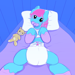 Size: 4000x4000 | Tagged: safe, artist:softandfluffy, oc, oc only, oc:softandfluffy, absurd resolution, adult foal, bib, booties, crib, diaper, non-baby in diaper, pacifier, pillow, plushie, poofy diaper, solo, teddy bear