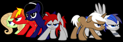 Size: 905x311 | Tagged: safe, artist:nova whish, oc, oc only, oc:fireball, oc:galick star, oc:neon flutter, oc:shadow cresent, oc:stubby, earth pony, pegasus, pony, unicorn, female, fighting stance, male, mare, stallion