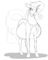 Size: 3049x3819 | Tagged: source needed, safe, artist:patch, rarity, horse, g4, bedroom eyes, belly, big belly, bridle, female, high res, monochrome, pregnant, sketch, smiling, solo