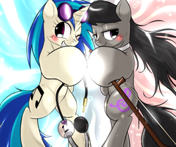 Size: 1200x1000 | Tagged: safe, artist:ushiro no kukan, dj pon-3, octavia melody, vinyl scratch, pony, g4, bipedal, misleading thumbnail, wink