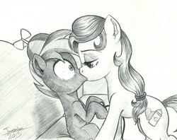 Size: 2074x1641 | Tagged: safe, artist:jaxonian, button mash, oc, oc:cream heart, earth pony, pony, g4, age difference, bedroom eyes, canon x oc, colt, controller, couch, dock, duo, earth pony oc, female, foal, imminent sex, incest, kiss on the lips, kissing, male, mare, mare on colt, monochrome, mother and son, pony on pony action, ship:buttoncest, straight, straight shota, surprise kiss, surprised, traditional art, wide eyes
