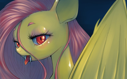Size: 3236x2000 | Tagged: safe, artist:unousaya, fluttershy, g4, close-up, fangs, female, flutterbat, high res, looking at you, pixiv, solo, tongue out
