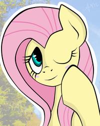 Size: 625x780 | Tagged: safe, artist:heedheed, fluttershy, g4, blush sticker, blushing, female, solo, wink