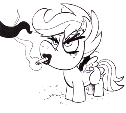 Size: 1280x1154 | Tagged: safe, artist:qluvic, scootaloo, g4, black and white, cigarette, female, grayscale, monochrome, simple background, smoking, solo