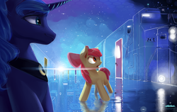 Size: 3800x2400 | Tagged: safe, artist:chickhawk96, apple bloom, princess luna, alicorn, earth pony, pony, bloom & gloom, g4, city, door, dream doors, dream realm, dream walker luna, dreamscape, duo, female, filly, foal, high res, looking at something, mare, open mouth, reflection, scene interpretation, surreal, train, train station, turned head