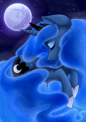 Size: 1280x1810 | Tagged: safe, artist:grandifloru, princess luna, alicorn, pony, g4, eyes closed, female, mare in the moon, moon, solo, wingless