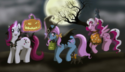 Size: 1104x638 | Tagged: safe, artist:ty-chou, bow tie (g1), locket (g1), moondancer (g1), cat, g1, g4, black cat, g1 to g4, generation leap, halloween