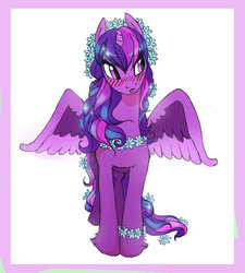 Size: 1024x1137 | Tagged: safe, artist:naminzo, twilight sparkle, alicorn, pony, g4, alternate hairstyle, blushing, bracelet, cute, female, floral head wreath, floral necklace, flower, flower in tail, jewelry, leg fluff, mare, solo, spread wings, twiabetes, twilight sparkle (alicorn), wings