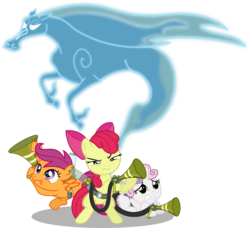 Size: 1042x952 | Tagged: safe, artist:seahawk270, apple bloom, scootaloo, sweetie belle, earth pony, pegasus, pony, unicorn, windigo, bloom & gloom, g4, bipedal, cutie mark crusaders, female, filly, ghostbusters, pest control gear, scared, simple background, this will end in tears and/or death and/or covered in tree sap, transparent background, twitbuster apple bloom, vector