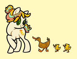 Size: 909x700 | Tagged: safe, artist:needsmoarg4, quackers, duck, earth pony, pony, twinkle eyed pony, g1, g4, duckling, female, g1 to g4, generation leap, mare, simple background, yellow background
