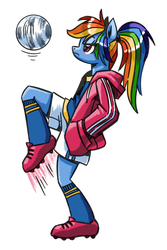 Size: 600x900 | Tagged: safe, artist:needsmoarg4, rainbow dash, anthro, g4, ball, cleats, clothes, female, football, simple background, solo, white background