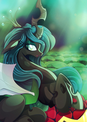 Size: 1358x1920 | Tagged: safe, artist:rariedash, queen chrysalis, changeling, changeling queen, g4, egg, female, floppy ears, horn, insect wings, mare, solo, wings