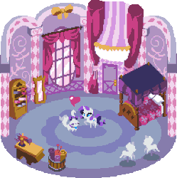Size: 582x585 | Tagged: safe, artist:pix3m, opalescence, rarity, g4, 8-bit, bed, bedroom, bucket, carousel boutique, curtains, door, drapes, gif, heart, interior, mannequin, mirror, non-animated gif, pixel art, shelf, table, window