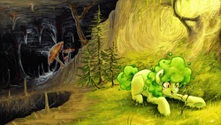 Size: 2063x1163 | Tagged: safe, artist:koviry, oc, oc only, oc:amentia, earth pony, pony, spider, cave, female, flower, giant mushroom, grass, mare, mushroom, painting, solo, spider web, spruce tree, stalactite, stalagmite, tree, undeground