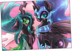 Size: 4093x2894 | Tagged: safe, artist:lovelyneckbeard, nightmare moon, queen chrysalis, alicorn, changeling, pony, g4, bedroom eyes, blushing, butt, duo, looking at you, nightmare moonbutt, plot, raised hoof