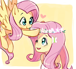 Size: 551x500 | Tagged: dead source, safe, artist:baekgup, fluttershy, butterfly, human, pegasus, pony, equestria girls, g4, clothes, cute, female, floral head wreath, flower, flower in hair, heart, human ponidox, mare, one eye closed, open mouth, self ponidox, shyabetes, smiling, square crossover, wink