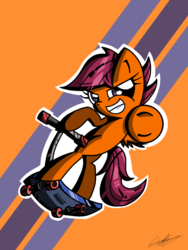 Size: 768x1024 | Tagged: safe, artist:therandomjoyrider, scootaloo, g4, female, pointing, scooter, solo, underhoof