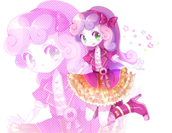 Size: 1500x1157 | Tagged: safe, artist:weiliy, sweetie belle, equestria girls, g4, bow, clothes, collar, cute, diasweetes, female, green eyes, hair bow, headband, high heels, jewelry, multicolored hair, necklace, pixiv, skirt, solo