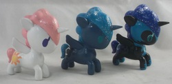 Size: 3673x1809 | Tagged: safe, artist:gryphyn-bloodheart, nightmare moon, princess celestia, princess luna, alicorn, pony, g4, antagonist, customized toy, irl, photo, toy, trio, unicorno