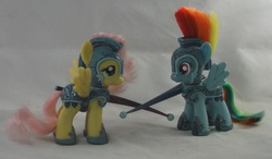 Size: 3665x2137 | Tagged: safe, artist:gryphyn-bloodheart, fluttershy, rainbow dash, g4, armor, brushable, crystal guard armor, customized toy, high res, irl, jousting, jousting outfit, lance, photo, toy