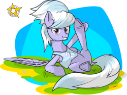 Size: 2907x2191 | Tagged: safe, artist:amberpendant, cloudchaser, g4, female, grin, high res, on back, solo, stretching, underhoof
