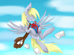 Size: 3264x2448 | Tagged: safe, artist:hilis, derpy hooves, pegasus, pony, g4, cloud, day, eyes closed, female, flying, high res, letter, mailbag, mare, present, sky, solo