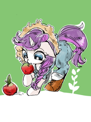 Size: 480x640 | Tagged: safe, artist:wan, rarity, pony, unicorn, g4, apple, boots, clothes, female, hoof boots, looking down, mare, mouth hold, overalls, plant, rarihick, shoes, solo, tail, tail hole