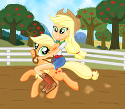 Size: 1448x1261 | Tagged: safe, artist:majkashinoda626, applejack, equestria girls, blonde hair, blonde tail, boots, bridle, clothes, cowboy hat, cutie mark, female, fence, freckles, green eyes, grin, hat, high heel boots, hilarious in hindsight, human ponidox, humans riding ponies, orange fur, reins, riding, running, self riding, skirt, smiling, solo, square crossover, tree