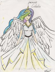 Size: 2496x3248 | Tagged: safe, artist:shockwave64, princess celestia, human, g4, clothes, dress, female, high res, humanized, solo, traditional art, winged humanization