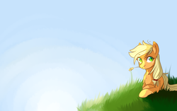 Size: 1280x802 | Tagged: safe, artist:catzino, applejack, g4, grass, hatless, hill, looking at you, missing accessory, sky