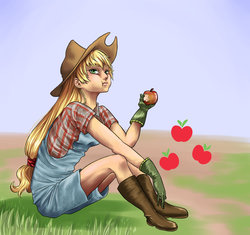 Size: 1024x964 | Tagged: safe, artist:thildou-chan, applejack, human, g4, apple, boots, clothes, dungarees, eating, female, gloves, humanized, shirt, sitting, solo