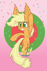 Size: 740x1125 | Tagged: safe, artist:heir-of-rick, applejack, pony, daily apple pony, g4, bipedal, chest fluff, confetti, ear fluff, hatless, impossibly large ears, missing accessory, pie tin, smiling