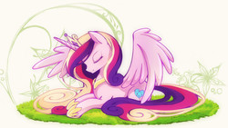 Size: 1200x677 | Tagged: safe, artist:lyra-kotto, princess cadance, g4, eyes closed, female, solo, spread wings