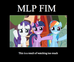 Size: 562x469 | Tagged: safe, artist:coacodoodle, screencap, rainbow dash, rarity, twilight sparkle, dragon quest, g4, demotivational poster, funny, grin, meme, waving