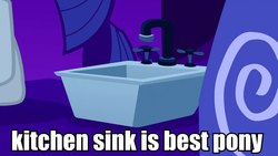 Size: 960x540 | Tagged: safe, edit, edited screencap, screencap, rarity, g4, suited for success, ambiguous gender, best pony, image macro, kitchen sink, meme, solo